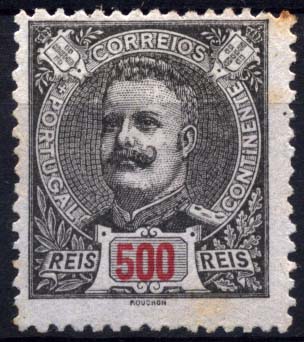 2676.jpg -     Lote:    2676      Lotes pelo Correio       Portugal       Descrição:         1895/96 &mdash; D. Carlos I Mouchon. CE139, 500 reis preto cinzento s/ azul, em denteado 12 &frac12;. Ligeiro ponto de óxido num dente. Valor de catálogo &euro; 200.00.        **       Valor Base:     &euro; 20,00     Valor Venda:     &euro; 20,00     