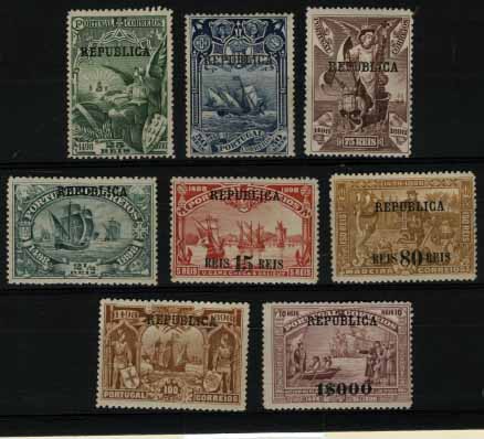 2680.jpg -     Lote:    2680      Lotes pelo Correio       Portugal       Descrição:         1898 &mdash; 4.º Centenário do Descobrimento do Caminho Marítimo para a Índia, com sobrecarga e sobretaxa sobre selos postais do Continente. CE184/191. Série completa com selos regomados. Valor de catálogo &euro; 212,00        RG**       Valor Base:     &euro; 15,00     Valor Venda:     &euro; 22,00     