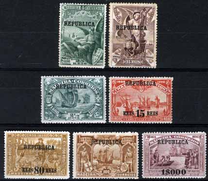 2684.jpg -     Lote:    2684      Lotes pelo Correio       Portugal       Descrição:         1911/12 &mdash; 4.º Centenário do Descobrimento do Caminho Marítimo para a índia, com sobrecarga REPUBLICA, sobre selos postais da Madeira. CE198/205. Série incompleta, faltando o selo CE201. Valor de catálogo &euro; 204.80.        ***/**       Valor Base:     &euro; 25,00     Valor Venda:     &euro; 27,00     