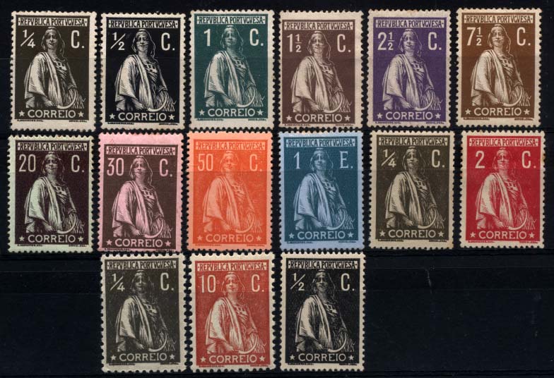 2686.jpg -     Lote:    2686      Lotes pelo Correio       Portugal       Descrição:         1912 &mdash; Ceres. Lote composto por 10 selos em papel porcelana, denteado 15x14, CE206/211, 213, 217/220 + 2 selos em papel pontinhado 15x14, CE206 e 210 + 3 selos em papel liso CE206/207 e 215. Lote com selos em todos os estados, quatro selos com pontos de óxido. Valor aproximado de catálogo &euro; 626,10. Lote a ver.        ***/**       Valor Base:     &euro; 60,00     Valor Venda:     Retirado     