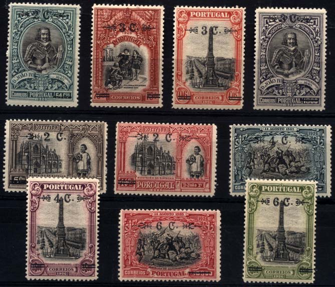 2705.jpg -     Lote:    2705      Lotes pelo Correio       Portugal       Descrição:         1926 &mdash; Independência de Portugal, com sobretaxa. CE386/395. Série completa. Valor de catálogo &euro; 88,45.        ***       Valor Base:     &euro; 14,00     Valor Venda:     &euro; 20,00     
