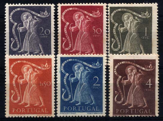 2744.jpg -     Lote:    2744      Lotes pelo Correio       Portugal       Descrição:         1950 &mdash; 4.º Centenário da Morte de S. João de Brito. CE723/728. Série completa. Três selos com pontos de óxido no verso. Valor de catálogo &euro; 177,00.        ***       Valor Base:     &euro; 20,00     Valor Venda:     Retirado     