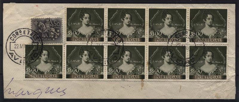 2751.jpg -     Lote:    2751      Lotes pelo Correio       Portugal       Descrição:         1953 &mdash; 1.º Centenário do Selo Postal Português. CE792, 5$00 oliva. Fragmento com bloco de 9 selos + selo de $50 tipo Cavaleiro Medieval, obliterados com carimbo de Aveiro (22.05.54). MB.        FRG       Valor Base:     &euro; 5,00     Valor Venda:     Retirado     