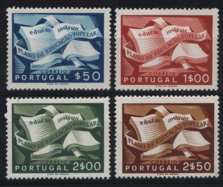 2752.jpg -     Lote:    2752      Lotes pelo Correio       Portugal       Descrição:         1954 &mdash; Campanha de Educação Popular. CE796/799. Série completa. Selo de 2$00 com um dente curto. Valor de catálogo &euro; 122,00.        ***       Valor Base:     &euro; 18,00     Valor Venda:     Retirado     