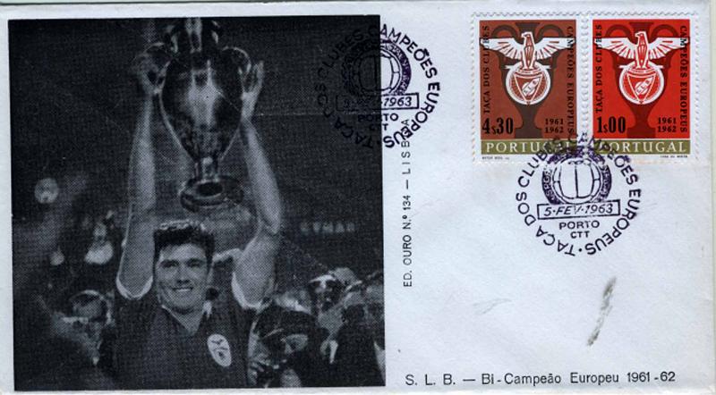 2758.jpg -     Lote:    2758      Lotes pelo Correio       Portugal       Descrição:         1963 &mdash; Dupla Vitória do Sport Lisboa e Benfica na Taça dos Clubes Campeões Europeus. CE 904/905. FDC com a série completa, não circulado.        FDC       Valor Base:     &euro; 5,00     Valor Venda:     &euro; 7,00     