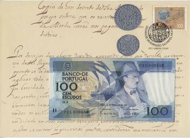 2774.jpg -     Lote:    2774      Lotes pelo Correio       Portugal       Descrição:         1987 &mdash; 300 Anos da Emissão do Papel-Moeda em Portugal. CE1813, 100$00. Sobrescrito de 1.º dia de circulação com selo e nota de 100$00 de Fernando Pessoa (12.02.1987). R.        Carta/NT       Valor Base:     &euro; 25,00     Valor Venda:     Retirado     
