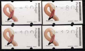 2796.jpg -     Lote:    2796      Lotes pelo Correio       Portugal       Descrição:         2000 &mdash; Aves de Portugal &mdash; Flamingo. CE ETQ21. Lote de 4 exemplares das taxas de 50, 80, 100 e 120 com impressão parcial da taxa a preto. Curioso.        ETQ       Valor Base:     &euro; 4,00     Valor Venda:     &euro; 4,00     