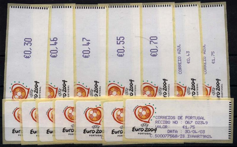2803.jpg -     Lote:    2803      Lotes pelo Correio       Portugal       Descrição:         2003 &mdash; Euro 2004. Máquina CROUZET. CE ETQ26. Série completa para o correio ordinário e correio azul (inclui &euro; 0,45), impressas a violeta, com os respectivos recibos.        ETQ       Valor Base:     &euro; 12,00     Valor Venda:     Retirado     