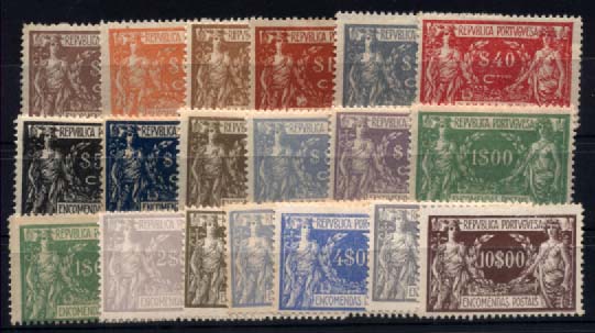 2818.jpg -     Lote:    2818      Lotes pelo Correio       Portugal       Descrição:         1920/22 &mdash; Encomendas Postais. Comércio e Indústria. CE EP1/17. Série completa + um selo de 4$00 com diferente tonalidade de cor. Valor de catálogo &euro; 473,00.        **       Valor Base:     &euro; 50,00     Valor Venda:     Retirado     