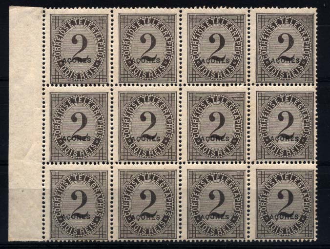 2827.jpg -     Lote:    2827      Lotes pelo Correio       Açores       Descrição:         1885 &mdash; Taxa de Telegramas, com sobrecarga AÇORES. CE51, 2 reis preto, com a sobrecarga preta, denteado 13 &frac12;. Bloco de 12 selos. Valor de catálogo &euro; 91,80.        ***       Valor Base:     &euro; 14,00     Valor Venda:     Retirado     