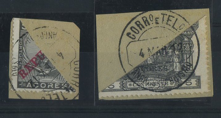 2829.jpg -     Lote:    2829      Lotes pelo Correio       Açores       Descrição:         1911 &mdash; D. Manuel II com sobrecarga REPUBLICA + 4.º Centenário do Descobrimento do Caminho Marítimo para a Índia, selos de Porteado do Continente, com sobrecarga AÇORES e REPUBLICA. CE122 e 143, ambos de 5 reis preto, bipartidos sobre fragmento.        FRG       Valor Base:     &euro; 4,00     Valor Venda:     Retirado     