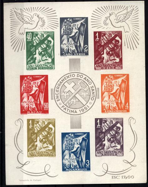 2843.jpg -     Lote:    2843      Lotes pelo Correio       Ultramar       Descrição:         Ultramar. 1951 &mdash; Ano Santo. BLC2. Bloco com papel seda colado no verso. Valor de catálogo &euro; 55,00.        BLC       Valor Base:     &euro; 10,00     Valor Venda:     &euro; 17,00     