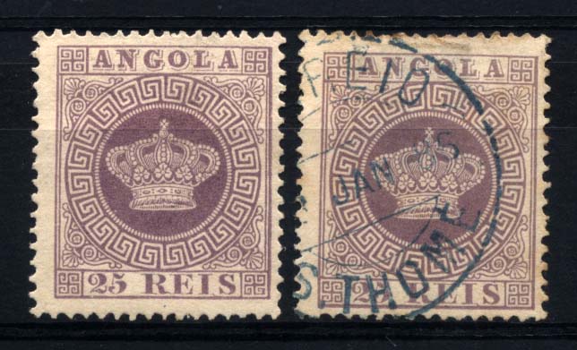 2846.jpg -     Lote:    2846      Lotes pelo Correio       Angola       Descrição:         1881/85 &mdash; Tipo Coroas. Novas cores. CE12, 25 reis violeta. Lote de dois selos: um novo em denteado 13 &frac12; + selo usado (com adelgaçamento), obliterado com carimbo circular de S. THOMÉ, batido a azul.        */O       Valor Base:     &euro; 5,00     Valor Venda:     &euro; 5,00     