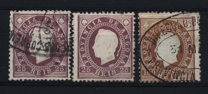 2847.jpg -     Lote:    2847      Lotes pelo Correio       Angola       Descrição:         1886 &mdash; D. Luís I. Fita direita. CE18 e 21. Lote de 3 selos: dois de 25 reis lilás escuro (um novo sem goma e um usado) + um de 100 reis. Todos com halos em branco, provocado pelo deslocamento do contra-cunho.        */O       Valor Base:     &euro; 12,00     Valor Venda:     Retirado     