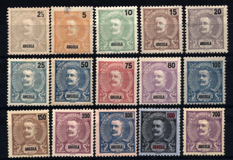 2849.jpg -     Lote:    2849      Lotes pelo Correio       Angola       Descrição:         1898/1901 &mdash; D. Carlos I tipo Mouchon. CE38/52. Série completa. Selos de 2 &frac12;, 200 e 300 reis sem goma (valorizados como selos usados). Valor de catálogo &euro; 113,90.        **/*       Valor Base:     &euro; 20,00     Valor Venda:     &euro; 34,00     