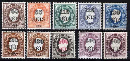 2850.jpg -     Lote:    2850      Lotes pelo Correio       Angola       Descrição:         1902 &mdash; D. Luís I, com sobretaxa. CE53/59 e 61. Série incompleta, faltando o selo de 400 s/ 20. Dois tipo dos selos CE58 e 61 (um dos selos com ligeira transparência, não cotado). Valor de catálogo &euro; 141,60. Lote a ver.        **       Valor Base:     &euro; 22,00     Valor Venda:     &euro; 32,00     