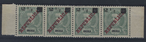 2855.jpg -     Lote:    2855      Lotes pelo Correio       Angola       Descrição:         1912 &mdash; D. Carlos I, com sobretaxa, tipografada localmente. CE113. 2 &frac12; s/ 15 reis verde. Tira horizontal de 4 selos. Valor de catálogo &euro; 23,60.        ***       Valor Base:     &euro; 5,00     Valor Venda:     Retirado     