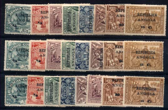 2856.jpg -     Lote:    2856      Lotes pelo Correio       Angola       Descrição:         1913 &mdash; 4.º Centenário do Descobrimento do Caminho Marítimo para a Índia. Selos de África, Macau e Timor, com sobrecargas ANGOLA e REPUBLICA, com sobretaxa. CE118/141. As três séries completas. Séries de África e Timor com goma e sinal de charneira e série de Macau sem goma, com alguns pontos de óxido no verso. Valor de catálogo &euro; 66,50.        **/*       Valor Base:     &euro; 12,00     Valor Venda:     &euro; 15,00     