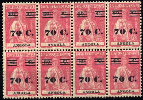 2866.jpg -     Lote:    2866      Lotes pelo Correio       Angola       Descrição:         1931 &mdash; Ceres, com sobretaxa. CE225, 70 s/ 80c. Bloco horizontal de 8 selos. Goma com defeitos. Valor de catálogo &euro; 38.40.        ***       Valor Base:     &euro; 6,00     Valor Venda:     &euro; 6,00     