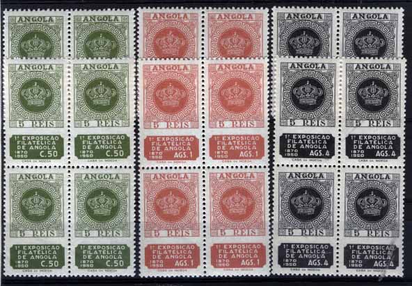 2869.jpg -     Lote:    2869      Lotes pelo Correio       Angola       Descrição:         1950 &mdash; 1.ª Exposição Filatélica de Angola. CE32&frac12;3. Série completa em quadras + série em pares horizontais. Valor de catálogo &euro; 30,60.        ***       Valor Base:     &euro; 6,00     Valor Venda:     &euro; 10,00     