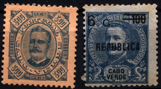 2883.jpg -     Lote:    2883      Lotes pelo Correio       Cabo Verde       Descrição:         1893/95 &mdash; D. Carlos I tipo Diogo Neto. CE36, 300 reis azul s/ laranja, denteado 11 &frac12; + 1921 &mdash; D. Carlos I Mouchon som sobrecarga REPUBLICA local e sobretaxa. CE167, 6C s/ 100 reis azul, com REPUBLICA sem acento. Valor de catálogo &euro; 69,20.        **       Valor Base:     &euro; 8,00     Valor Venda:     &euro; 8,00     