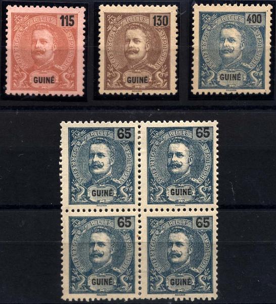 2887.jpg -     Lote:    2887      Lotes pelo Correio       Guiné       Descrição:         1903 &mdash; D. Carlos I tipo Mouchon. Novas cores e valores. Lote composto por quadra de 65 reis + selos simples de 115 (sem goma), 130 e 400 reis. CE92, 94/96. Valor de catálogo &euro; 101,00.        **/*       Valor Base:     &euro; 20,00     Valor Venda:     &euro; 27,00     