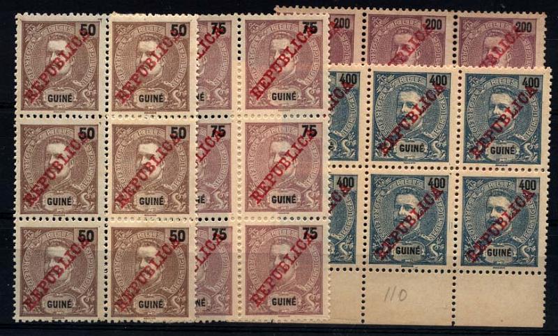 2888.jpg -     Lote:    2888      Lotes pelo Correio       Guiné       Descrição:         1911 &mdash; D. Carlos I Mouchon, com sobrecarga REPUBLICA da Casa da Moeda. Emitidos sem goma. Lote composto por 4 blocos de 6 selos de 50, 75, 200 e 400 reis. CE104/105 e 109/110. Valor de catálogo &euro; 111,90.        *       Valor Base:     &euro; 20,00     Valor Venda:     Retirado     