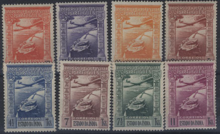 2910.jpg -     Lote:    2910      Lotes pelo Correio       Índia Portuguesa       Descrição:         1838 &mdash; Correio Aéreo. Império Colonial Português. CE CA1/8. Série completa regomada. Valor de catálogo &euro; 34,40.        RG***       Valor Base:     &euro; 6,00     Valor Venda:     &euro; 6,00     