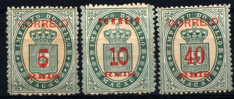 2913.jpg -     Lote:    2913      Lotes pelo Correio       Macau       Descrição:         1887 &mdash; Selos fiscais, sobrecarregados e denteados. CE29/31. Série completa com os selos destacados. Valor de catálogo &euro; 39,20.        *       Valor Base:     &euro; 10,00     Valor Venda:     &euro; 14,00     