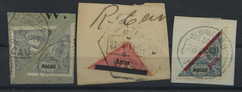 2914.jpg -     Lote:    2914      Lotes pelo Correio       Macau       Descrição:         1903/1911 &mdash; D. Carlos I (selos bipartidos). Lote de 3 fragmentos: um com dois duas metades (superior e inferior) de 3 avos CE133; outro com CE145, e outro com CE146.        FRG       Valor Base:     &euro; 8,00     Valor Venda:     Retirado     