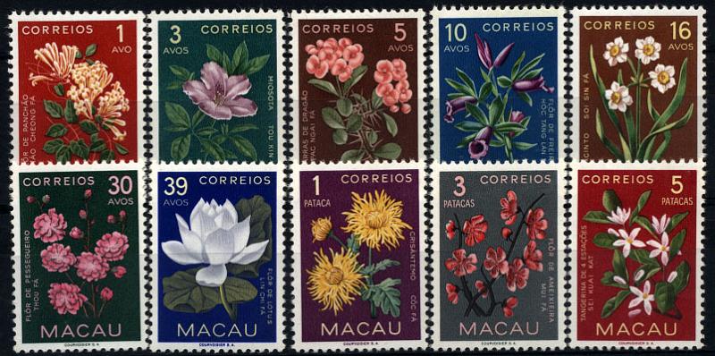2920.jpg -     Lote:    2920      Lotes pelo Correio       Macau       Descrição:         1953 &mdash; Flores de Macau. CE374/383. Série completa. Valor de catálogo &euro; 34,40.        **       Valor Base:     &euro; 8,00     Valor Venda:     Retirado     