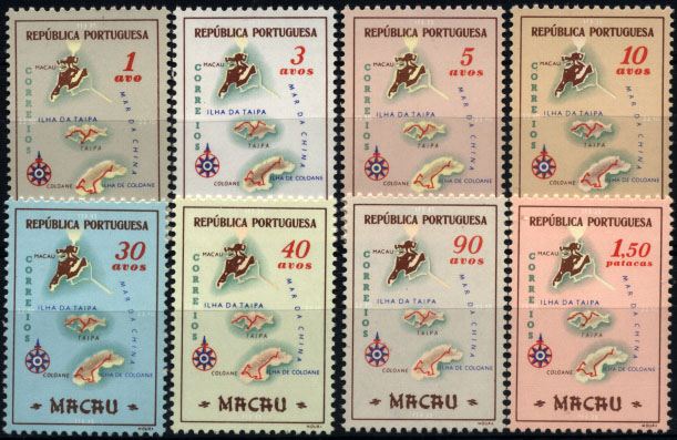 2921.jpg -     Lote:    2921      Lotes pelo Correio       Macau       Descrição:         1956 &mdash; Carta Geográfica de Macau. CE386/393. Série completa. Valor de catálogo &euro; 28,35.        ***       Valor Base:     &euro; 8,00     Valor Venda:     &euro; 16,00     