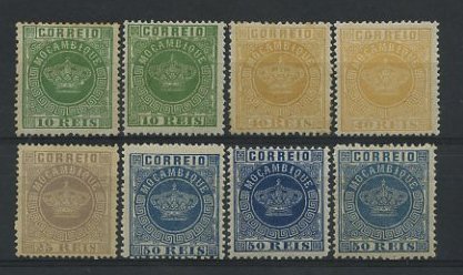 2935.jpg -     Lote:    2935      Lotes pelo Correio       Moçambique       Descrição:         1881/85 &mdash; Tipo Coroa. Novas cores. Lote composto por: CE10, 10 reis verde (2) em denteados 12 &frac12; e 13 &frac12;; CE12, 25 reis violeta 13 &frac12;; CE13, 40 reis amarelo (2) em denteados 12 &frac12; e 13 &frac12;; CE14, 50 reis azul (3) em denteados 12 &frac12; e 13 &frac12;.        **       Valor Base:     &euro; 4,00     Valor Venda:     &euro; 7,00     
