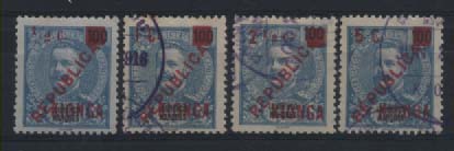 2952.jpg -     Lote:    2952      Lotes pelo Correio       Kionga       Descrição:         1916 &mdash; Selos de D. Carlos I, de Lourenço Marques, com sobretaxa. CE&frac14;. Série completa. Valor de catálogo &euro; 48,40.        O       Valor Base:     &euro; 8,00     Valor Venda:     &euro; 14,00     