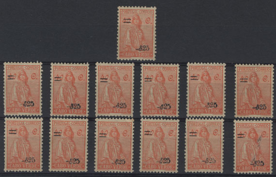 2956.jpg -     Lote:    2956      Lotes pelo Correio       Companhia do Niassa       Descrição:         1948 &mdash; Ceres novo tipo, com sobretaxa. CE240, $25 s/ 40C laranja-vermelho. Lote de 13 selos com variedades de impressão da sobretaxa.        *       Valor Base:     &euro; 5,00     Valor Venda:     Retirado     