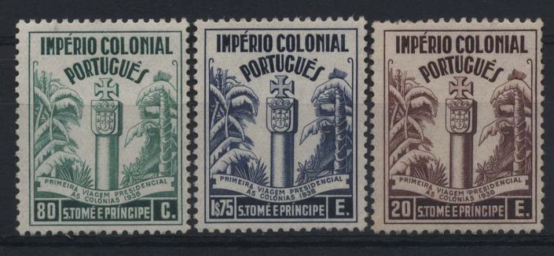 2957.jpg -     Lote:    2957      Lotes pelo Correio       S. Tomé e Príncipe       Descrição:         1938 &mdash; Primeira Viagem Presidencial ao Ultramar. CE316/318. Série completa. Selos regomados. Valor de catálogo &euro; 88,60.        RG***       Valor Base:     &euro; 15,00     Valor Venda:     Retirado     