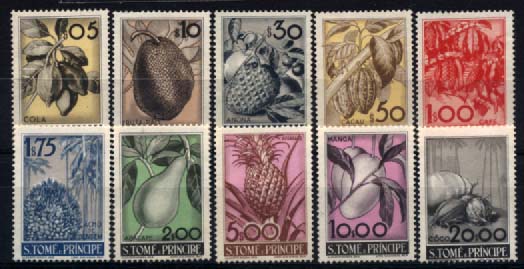 2960.jpg -     Lote:    2960      Lotes pelo Correio       S. Tomé e Príncipe       Descrição:         1948 &mdash; Frutos de S. Tomé e Príncipe. CE337/346. Série completa. Selos regomados. Valor de catálogo &euro; 190,10.        RG***       Valor Base:     &euro; 32,00     Valor Venda:     Retirado     