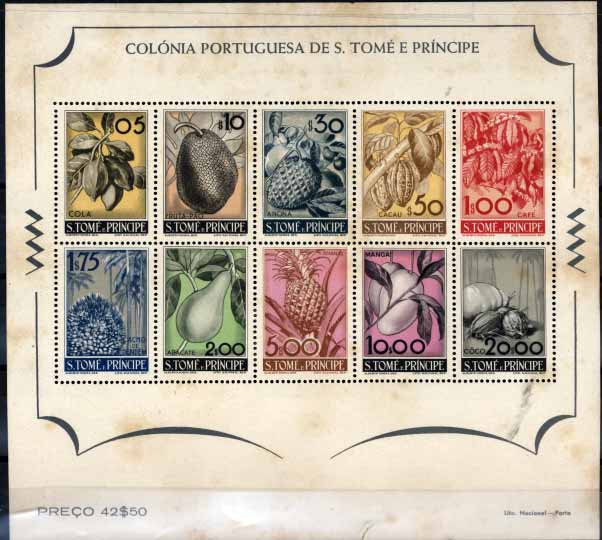 2961.jpg -     Lote:    2961      Lotes pelo Correio       S. Tomé e Príncipe       Descrição:         1948 &mdash; Frutos de S. Tomé e Príncipe. Bloco com série. Manchas de ferrugem CE337/346. Valor de catálogo &euro; 212.00        BLC       Valor Base:     &euro; 10,00     Valor Venda:     &euro; 18,00     