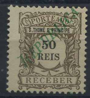 2962.jpg -     Lote:    2962      Lotes pelo Correio       S. Tomé e Príncipe       Descrição:         1920 &mdash; Porteado. Tipo de 1904, com sobrecarga REPUBLICA. CE POR41, 50 reis cinzento. Valor de catálogo &euro; 38,40.        *       Valor Base:     &euro; 8,00     Valor Venda:     &euro; 8,00     