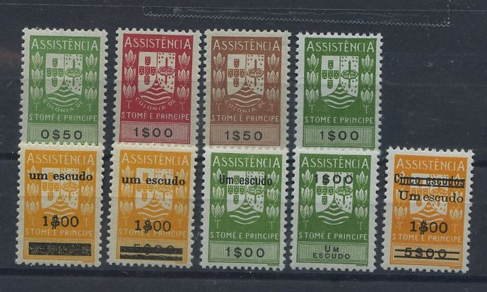 2963.jpg -     Lote:    2963      Lotes pelo Correio       S. Tomé e Príncipe       Descrição:         1948/65 &mdash; Imposto Postal. ASSISTÊNCIA. CE17/24. Séries completas + CE21 com duas barras finas em vez de uma grossa na sobrecarga.        ***       Valor Base:     &euro; 5,00     Valor Venda:     &euro; 21,00     