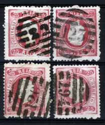 2969.jpg -     Lote:    2969      Lotes pelo Correio       Portugal       Descrição:         Carimbos de numéricos de barras da 2.ª reforma. 1867/70 &mdash; D. Luís I. Fita curva, denteados. Lote de 4 selos de 25 reis carmim, com carimbos batidos a preto de: 22- GRANDOLA; 123 &mdash; PESO DA RÉGUA; 120 &mdash; MONTALEGRE; 194 &mdash; ALVITO.        Lote       Valor Base:     &euro; 10,00     Valor Venda:     &euro; 10,00     