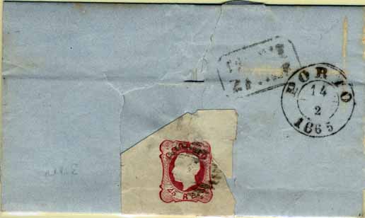 2973.jpg -     Lote:    2973      Lotes pelo Correio       Portugal       Descrição:         Carimbos nominativos. 1862/64 &mdash; D. Luís I. CE16, 25 reis carmim, em carta circulada de Provezende para o Porto (14.02.65). Selo canto superior de folha, com margens extraordinárias, porém rasgado ao abria a carta e reparado. Carimbo batido a preto "PROVE/ZENDE".        Carta       Valor Base:     &euro; 10,00     Valor Venda:     Retirado     
