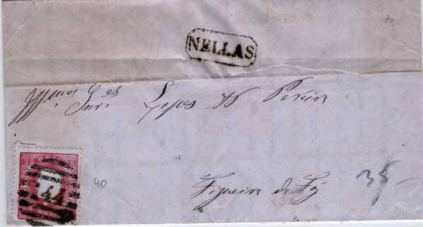 2974.jpg -     Lote:    2974      Lotes pelo Correio       Portugal       Descrição:         Carimbos nominativos. 1870/76 &mdash; D. Luís I fita direita. CE40, 25 reis carmim, denteado 12 &frac12;, papel liso, em carta circulada de Nelas (01.07.1871) para a Figueira da Foz. Carimbo nominativo de NELLAS.        Carta       Valor Base:     &euro; 10,00     Valor Venda:     Retirado     