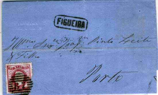 2975.jpg -     Lote:    2975      Lotes pelo Correio       Portugal       Descrição:         Carimbos nominativos. 1867/70 &mdash; D. Luís I, fita curva. Denteados. CE30, 25 reis carmim, sobre carta circulada da Figueira da Foz (07.06.1869) para o Porto (08.06.1869). Carimbo batido a preto da FIGUEIRA. Selo com defeito.        Carta       Valor Base:     &euro; 8,00     Valor Venda:     Retirado     