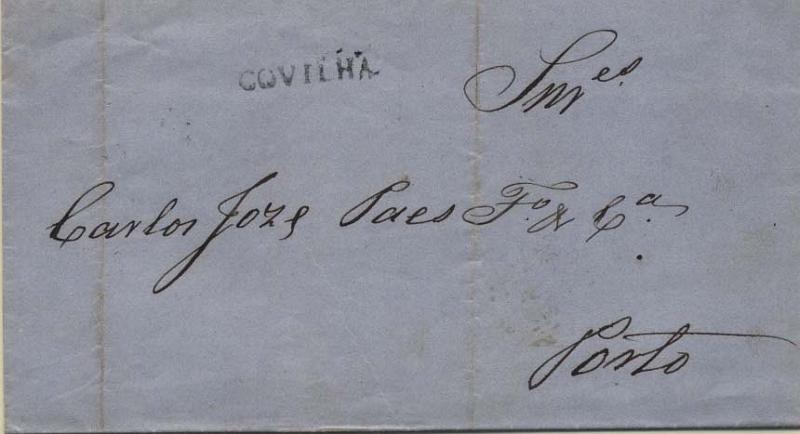 2976.jpg -     Lote:    2976      Lotes pelo Correio       Portugal       Descrição:         Carimbos nominativos. 1862/64 &mdash; D. Luís I, CE16, 25 reis carmim, com margens largas (verso) em carta circulada da Covilhã (31.08.64) para o Porto. Carimbo batido a preto COVILHÃ, do período pré-adesivo GM CVL2.        Carta       Valor Base:     &euro; 5,00     Valor Venda:     Retirado     
