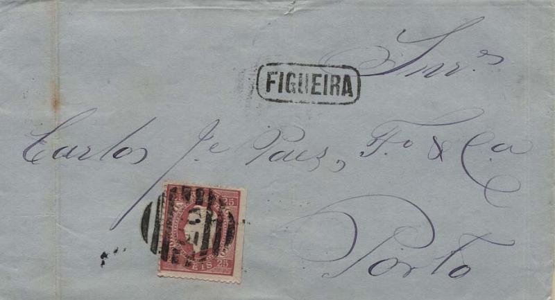 2978.jpg -     Lote:    2978      Lotes pelo Correio       Portugal       Descrição:         Carimbos nominativos. 1870/76 &mdash; D. Luís I, fita direita. CE40, 25 reis, papel liso, denteado 12 &frac12;, em carta circulada da Figueira da Foz (21.02.1874) para o Porto. Carimbo batido a preto "FIGUEIRA".        Carta       Valor Base:     &euro; 5,00     Valor Venda:     &euro; 5,00     