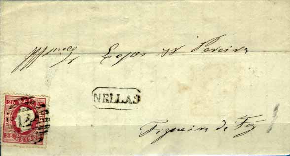 2983.jpg -     Lote:    2983      Lotes pelo Correio       Portugal       Descrição:         Carimbos nominativos. 1870/76 &mdash; D. Luís I fita curva. Sobrescrito circulado de Nelas (30.10.72) para a Figueira da Foz, com selo de 25 reis carmim, denteado 12 &frac12;, papel liso. Carimbos numérico "144" e nominativo "NELLAS" (com cercadura), batidos a preto. MB.        Carta       Valor Base:     &euro; 15,00     Valor Venda:     Retirado     