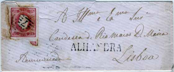 2985.jpg -     Lote:    2985      Lotes pelo Correio       Portugal       Descrição:         Carimbos Nominativos. 1866/67 &mdash; D. Luís I, fita curva. Não denteados. CE22, 25 reis carmim, sobre carta circulada de Alhandra para Lisboa (05.05.67) com carimbos batido a preto "7" e "ALHANDRA". Selo cortado á mão em duas margens.        Carta       Valor Base:     &euro; 20,00     Valor Venda:     Retirado     