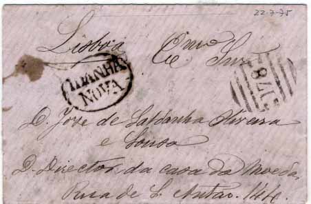 2986.jpg -     Lote:    2986      Lotes pelo Correio       Portugal       Descrição:         Carimbos nominativos. 1870/76 &mdash; D. Luís I fita direita. CE40. 25 reis carmim (selo estragado no verso) em carta circulada de Idanha Nova para Lisboa (22.07.75). Carimbo batido a preto de IDANHA NOVA.        Carta       Valor Base:     &euro; 4,00     Valor Venda:     &euro; 4,00     