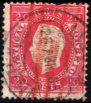 2990.jpg -     Lote:    2990      Lotes pelo Correio       Portugal       Descrição:         Marcas da telegrafia eléctrica. 1884 &mdash; D. Luís I fita direita. Nova cor e valor. CE66, 20 reis carmim. Selo com três dentes curtos, obliterado com roulettes da telegrafia eléctrica.        O       Valor Base:     &euro; 5,00     Valor Venda:     Retirado     